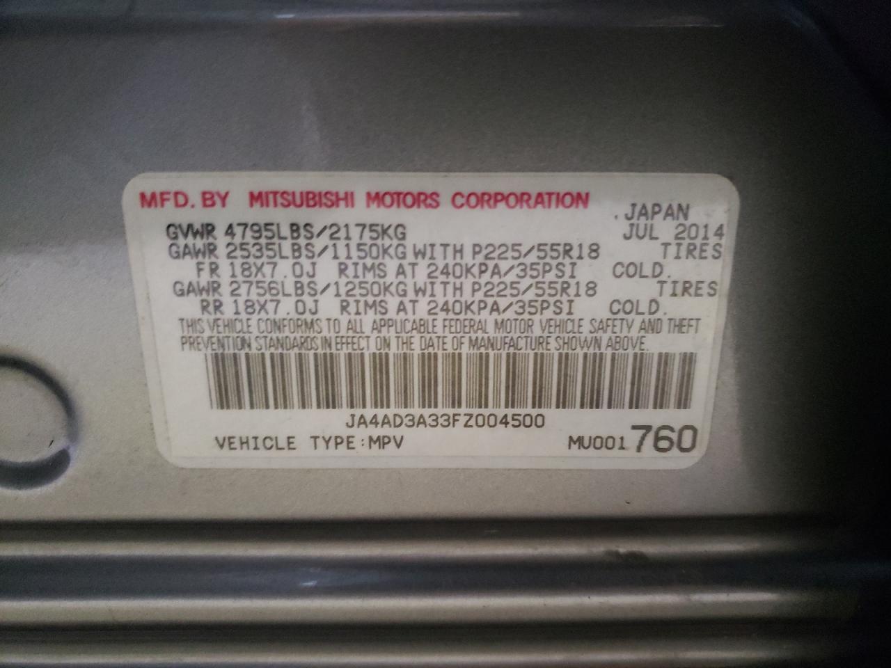 Photo 10 from auction – 2015 MITSUBISHI OUTLANDER with VIN JA4AD3A33FZ004500