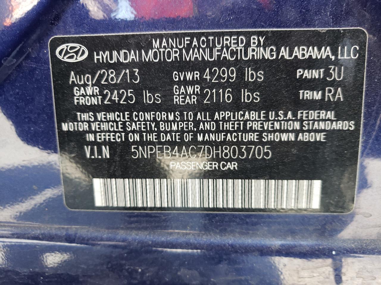 Photo 10 from auction – 2013 HYUNDAI SONATA GLS with VIN 5NPEB4AC7DH803705