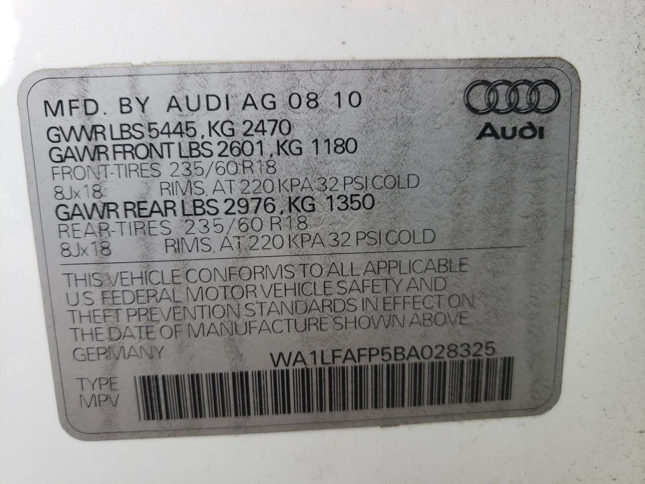 Photo 10 from auction – 2011 AUDI Q5 PREMIUM with VIN WA1LFAFP5BA028325