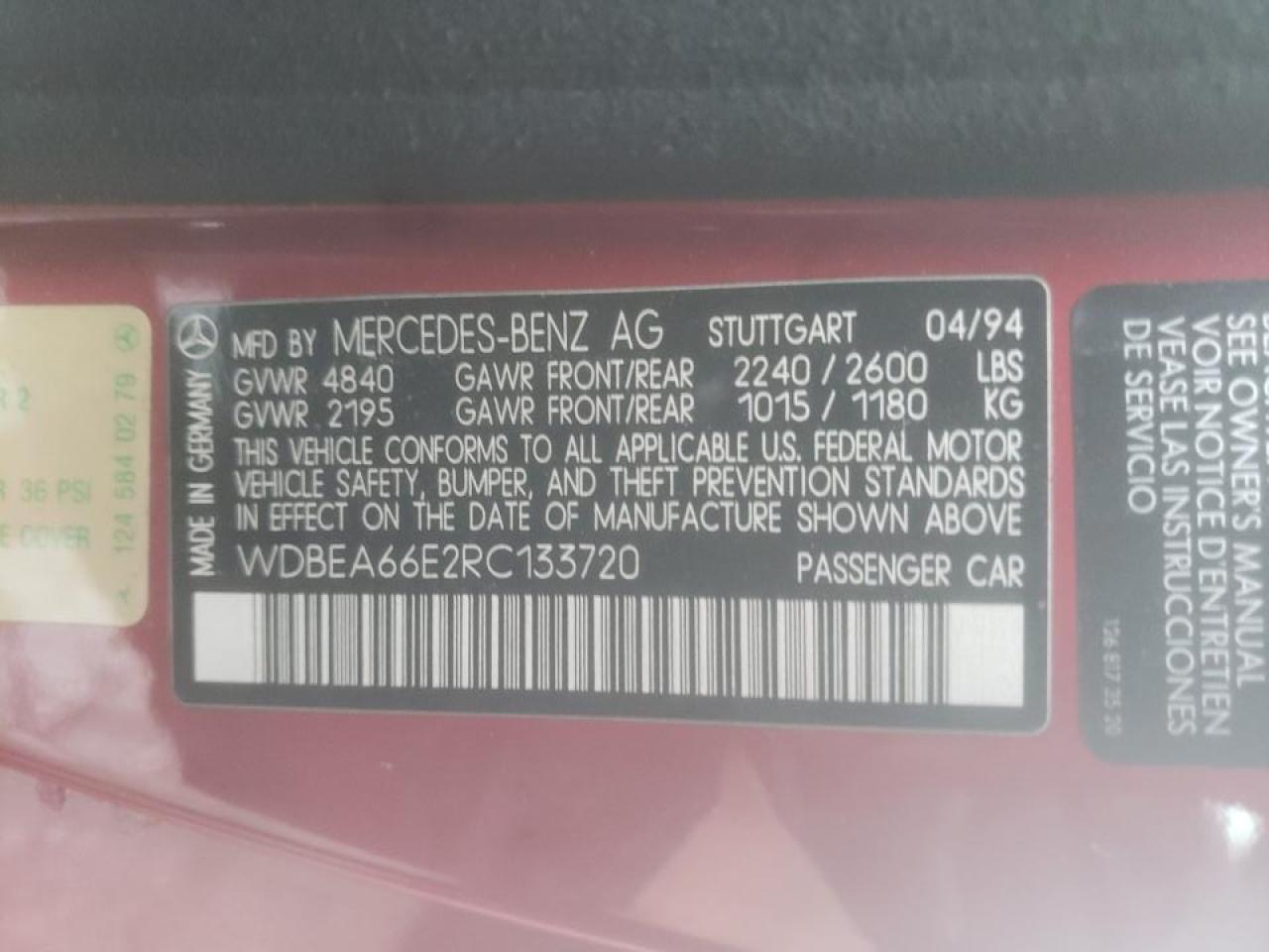 Photo 10 from auction – 1994 MERCEDES-BENZ E 320 with VIN WDBEA66E2RC133720