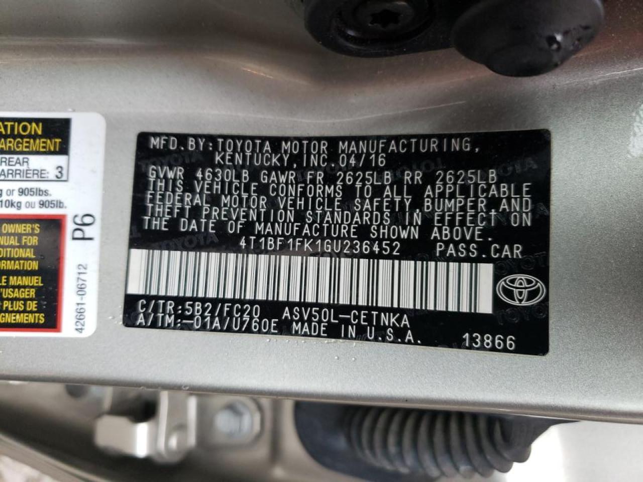 Photo 10 from auction – 2016 TOYOTA CAMRY LE with VIN 4T1BF1FK1GU236452