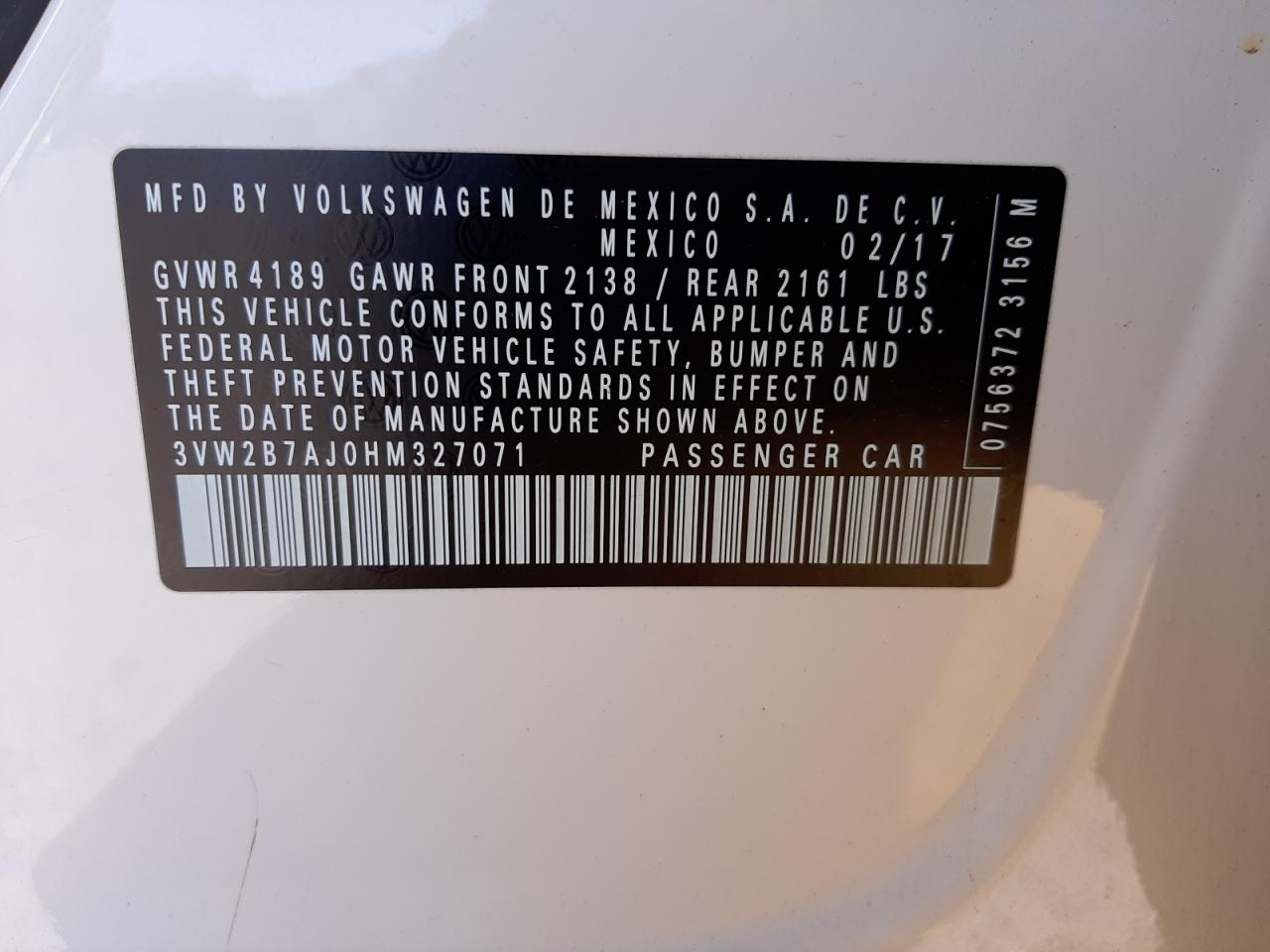 Photo 10 from auction – 2017 VOLKSWAGEN JETTA S with VIN 3VW2B7AJ0HM327071