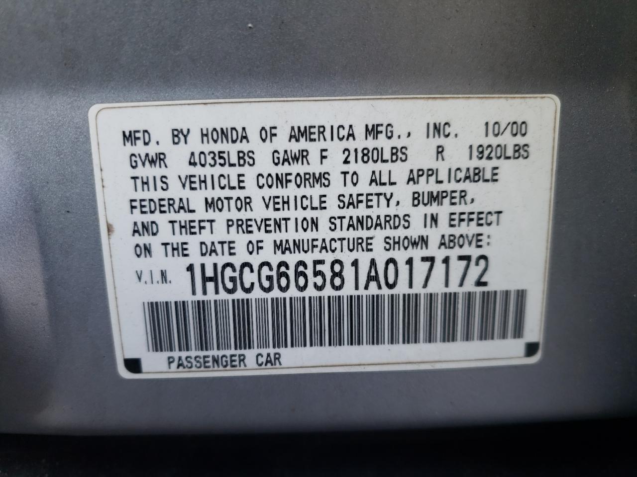 Photo 10 from auction – 2001 HONDA ACCORD with VIN 1HGCG66581A017172