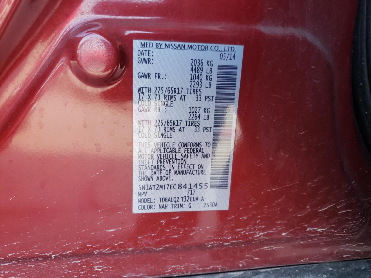 Photo 10 from auction – 2014 NISSAN ROGUE S with VIN 5N1AT2MT7EC841455