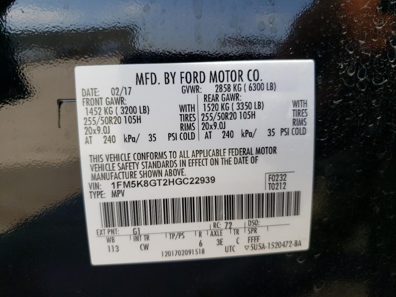 Photo 10 from auction – 2017 FORD EXPLORER S with VIN 1FM5K8GT2HGC22939