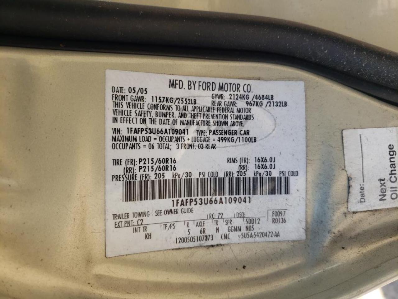 Photo 10 from auction – 2006 FORD TAURUS SE with VIN 1FAFP53U66A109041