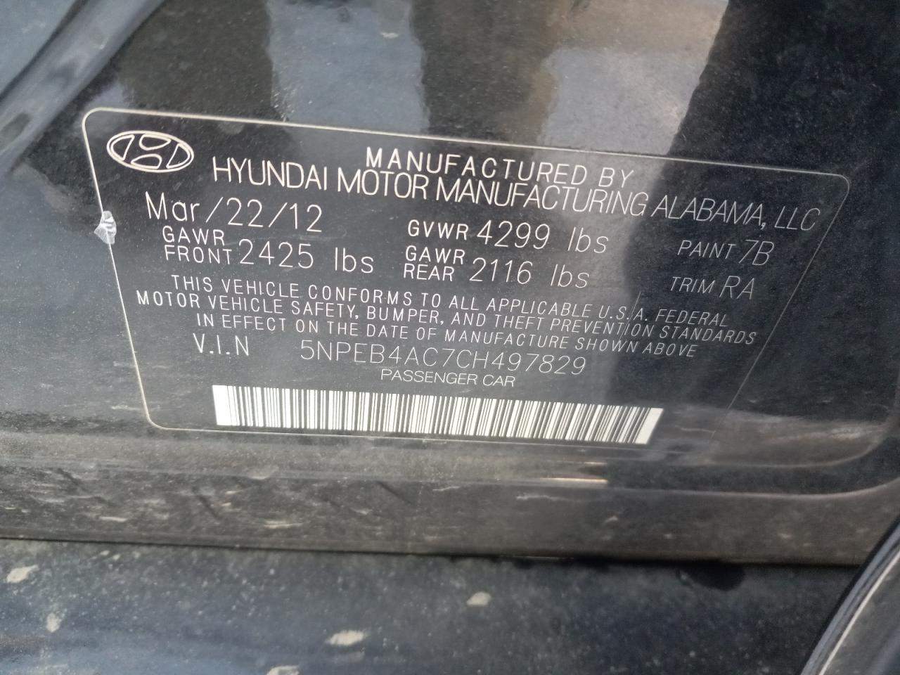 Photo 10 from auction – 2012 HYUNDAI SONATA GLS with VIN 5NPEB4AC7CH497829