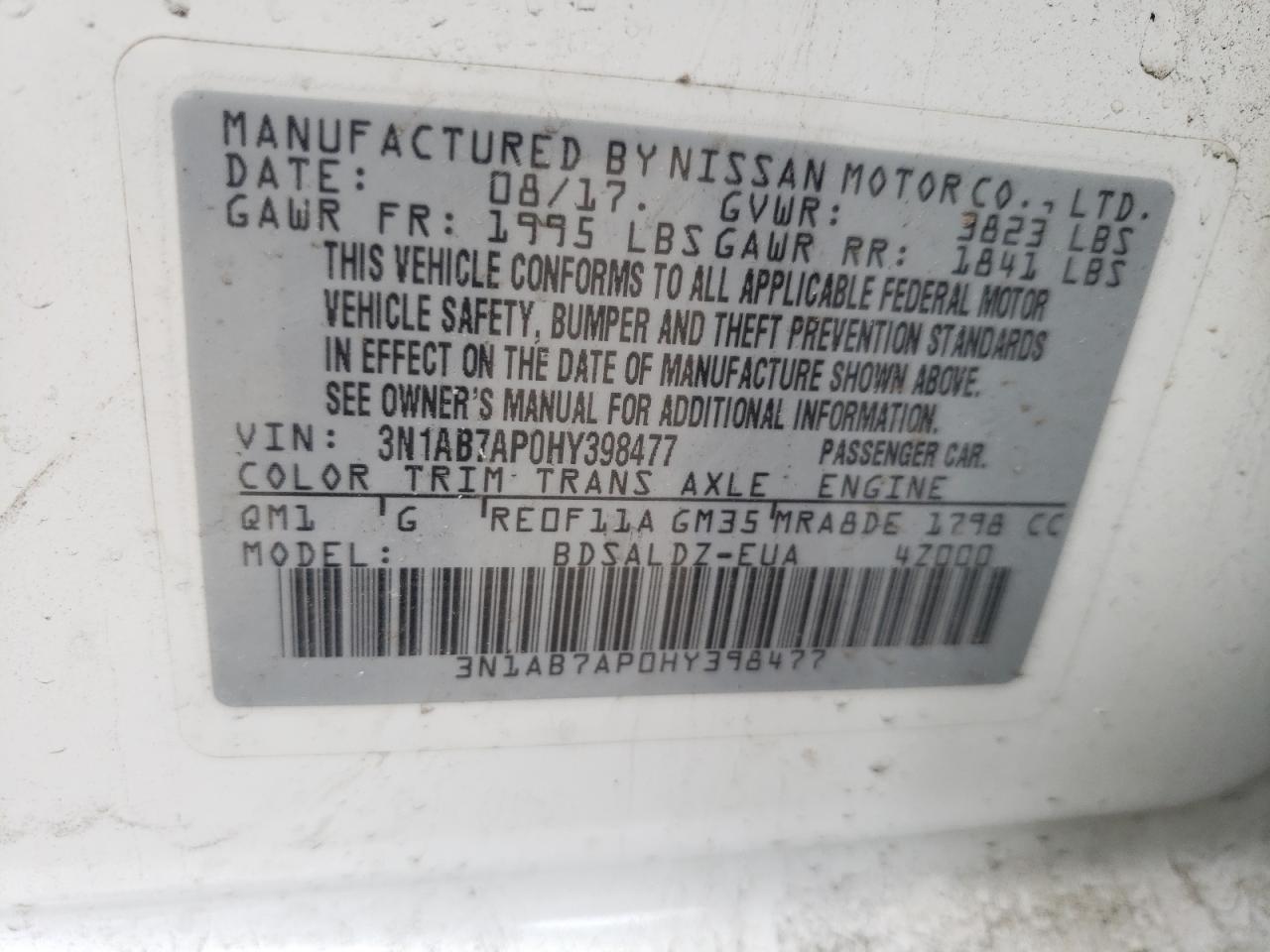 Photo 10 from auction – 2017 NISSAN SENTRA S with VIN 3N1AB7AP0HY398477