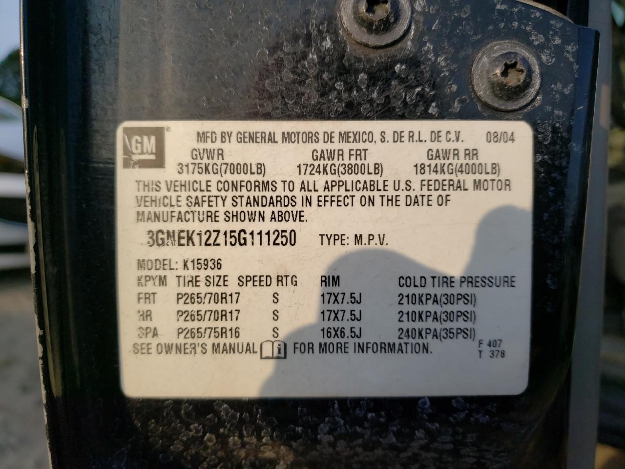 Photo 10 from auction – 2005 CHEVROLET AVALANCHE with VIN 3GNEK12Z15G111250