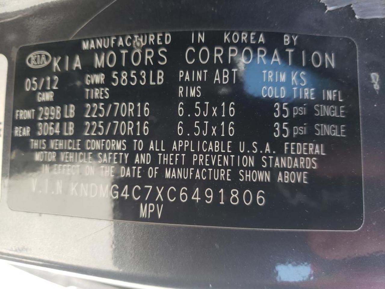 Photo 10 from auction – 2012 KIA SEDONA LX with VIN KNDMG4C7XC6491806