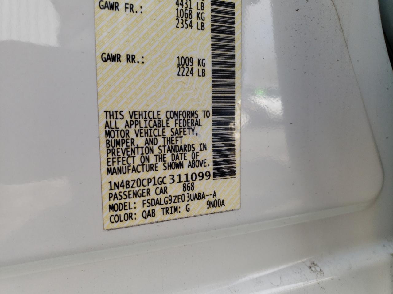 Photo 10 from auction – 2016 NISSAN LEAF SV with VIN 1N4BZ0CP1GC311099