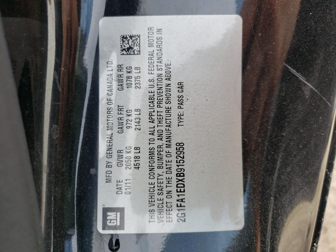 Photo 10 from auction – 2011 CHEVROLET CAMARO LS with VIN 2G1FA1EDXB9152958