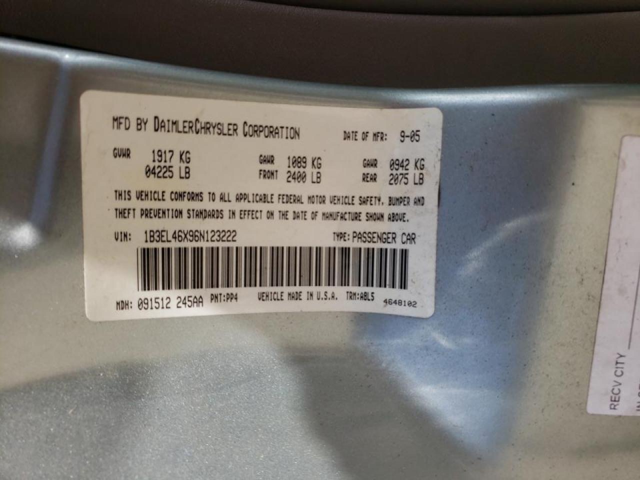 Photo 10 from auction – 2006 DODGE STRATUS SX with VIN 1B3EL46X96N123222