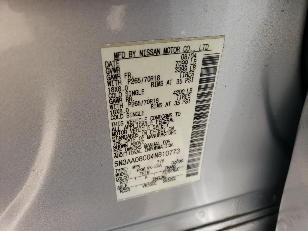 Photo 10 from auction – 2004 INFINITI QX56 with VIN 5N3AA08C04N810773