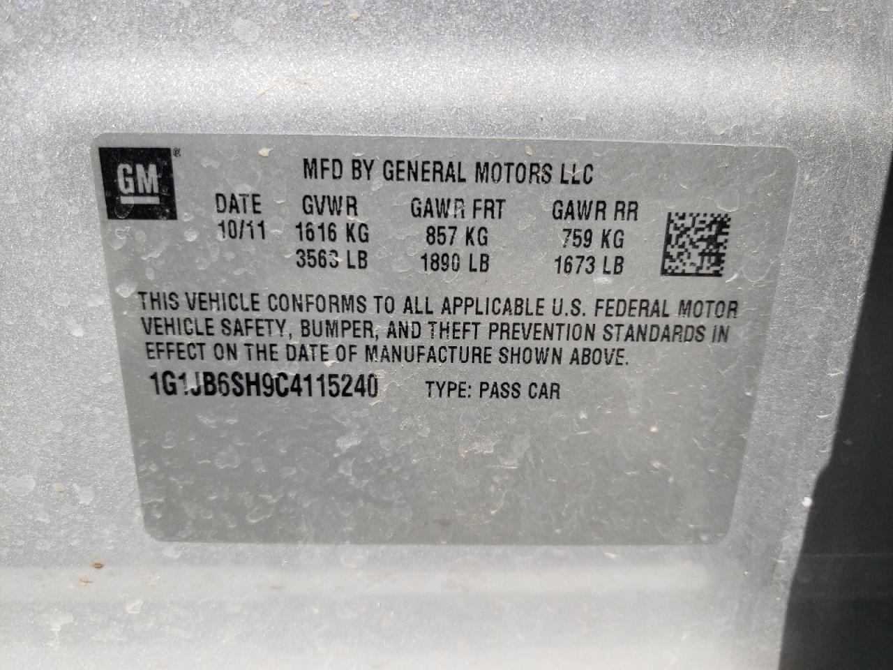 Photo 10 from auction – 2012 CHEVROLET SONIC LS with VIN 1G1JB6SH9C4115240