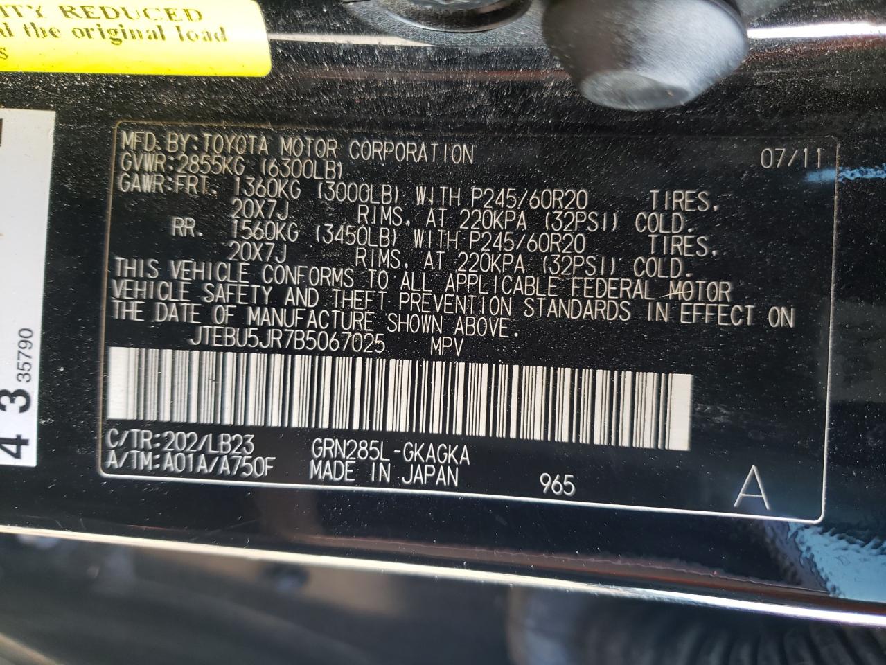 Photo 10 from auction – 2011 TOYOTA 4RUNNER SR with VIN JTEBU5JR7B5067025
