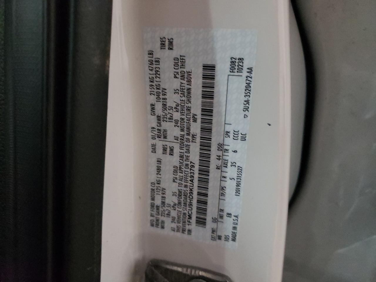 Photo 10 from auction – 2019 FORD ESCAPE SEL with VIN 1FMCU9HD9KUA93797