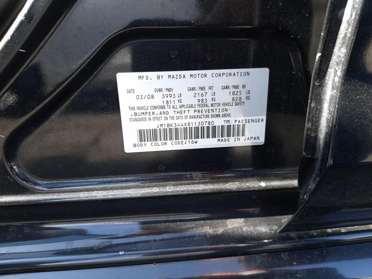 Photo 10 from auction – 2008 MAZDA 3 HATCHBAC with VIN JM1BK344X81130780