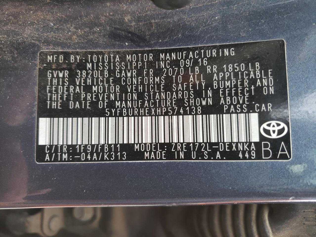 Photo 10 from auction – 2017 TOYOTA COROLLA L with VIN 5YFBURHEXHP574138