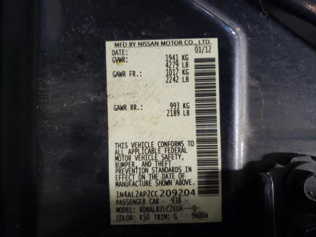 Photo 10 from auction – 2012 NISSAN ALTIMA BAS with VIN 1N4AL2AP2CC209204