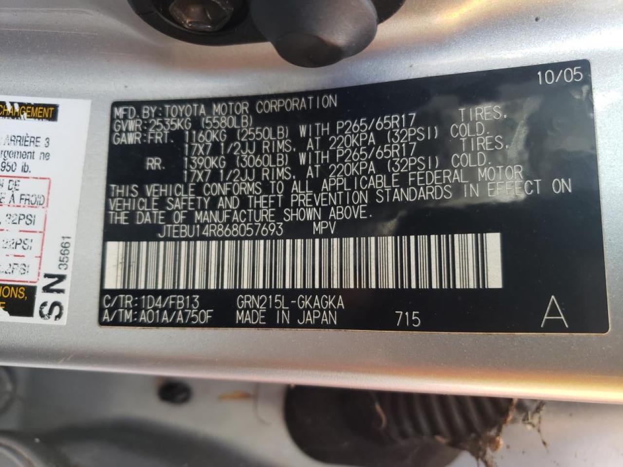 Photo 10 from auction – 2006 TOYOTA 4RUNNER SR with VIN JTEBU14R868057693