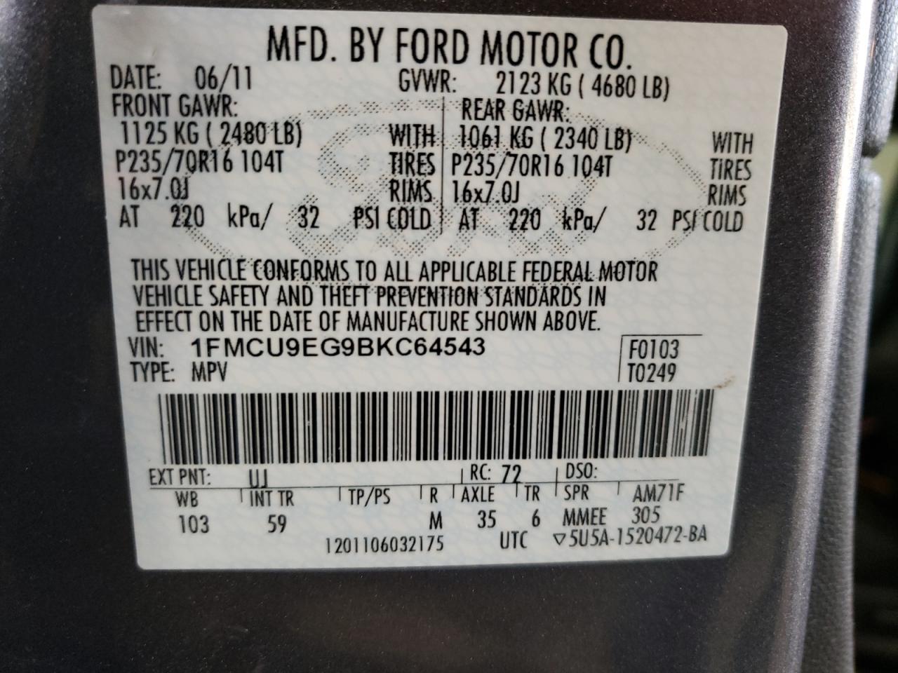 Photo 10 from auction – 2011 FORD ESCAPE LIM with VIN 1FMCU9EG9BKC64543
