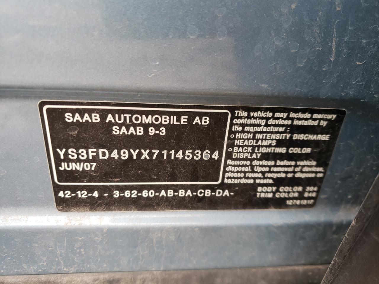 Photo 10 from auction – 2007 SAAB 9-3 2.0T with VIN YS3FD49YX71145364