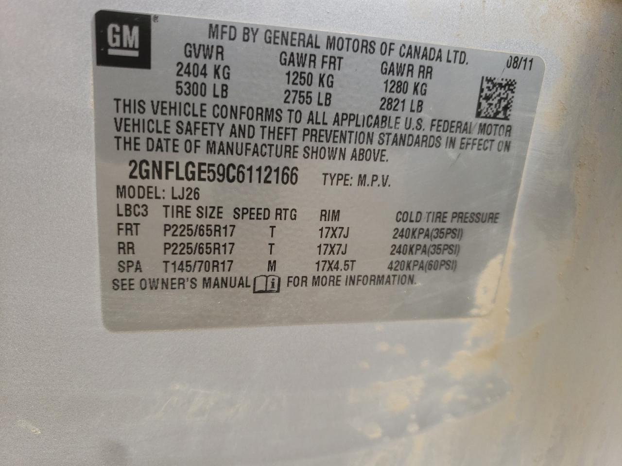 Photo 10 from auction – 2012 CHEVROLET EQUINOX LT with VIN 2GNFLGE59C6112166