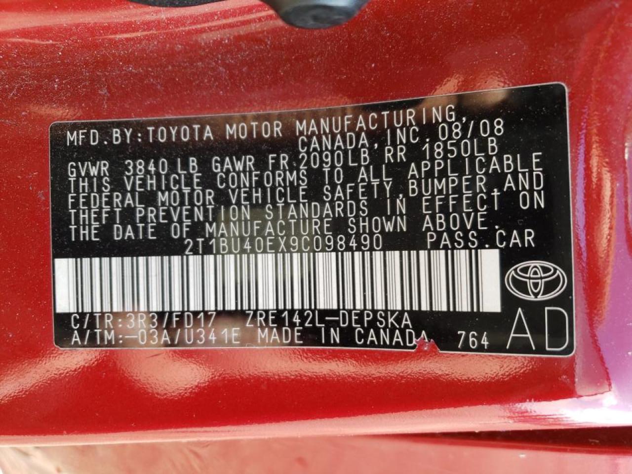 Photo 10 from auction – 2009 TOYOTA COROLLA BA with VIN 2T1BU40EX9C098490