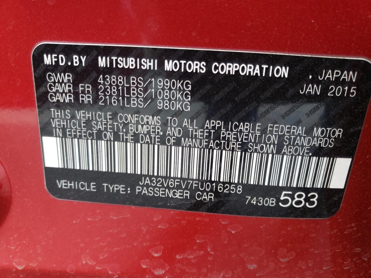 Photo 10 from auction – 2015 MITSUBISHI LANCER RAL with VIN JA32V6FV7FU016258