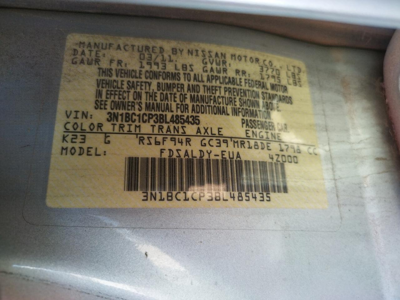 Photo 10 from auction – 2011 NISSAN VERSA S with VIN 3N1BC1CP3BL485435