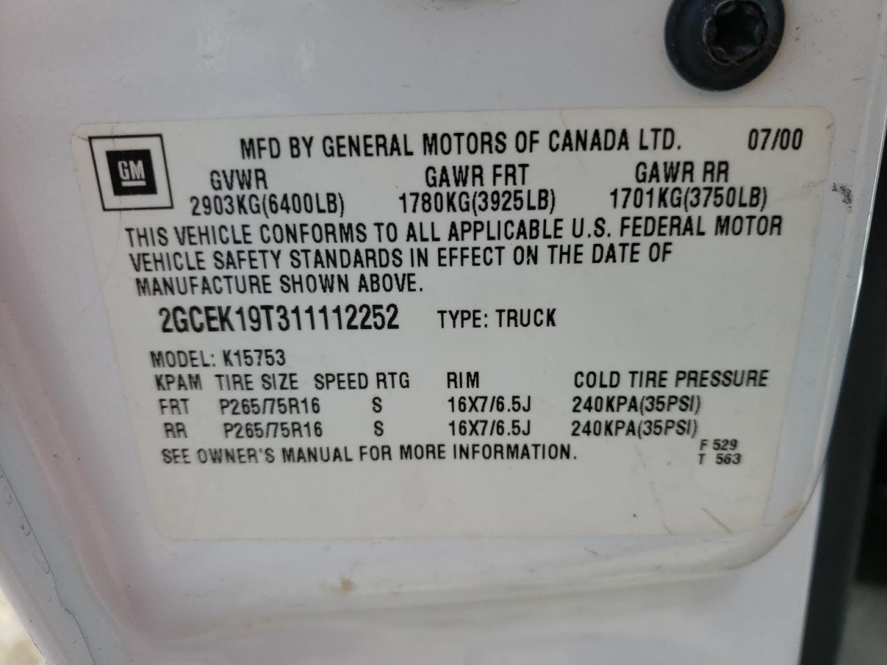 Photo 10 from auction – 2001 CHEVROLET 1500 with VIN 2GCEK19T311112252