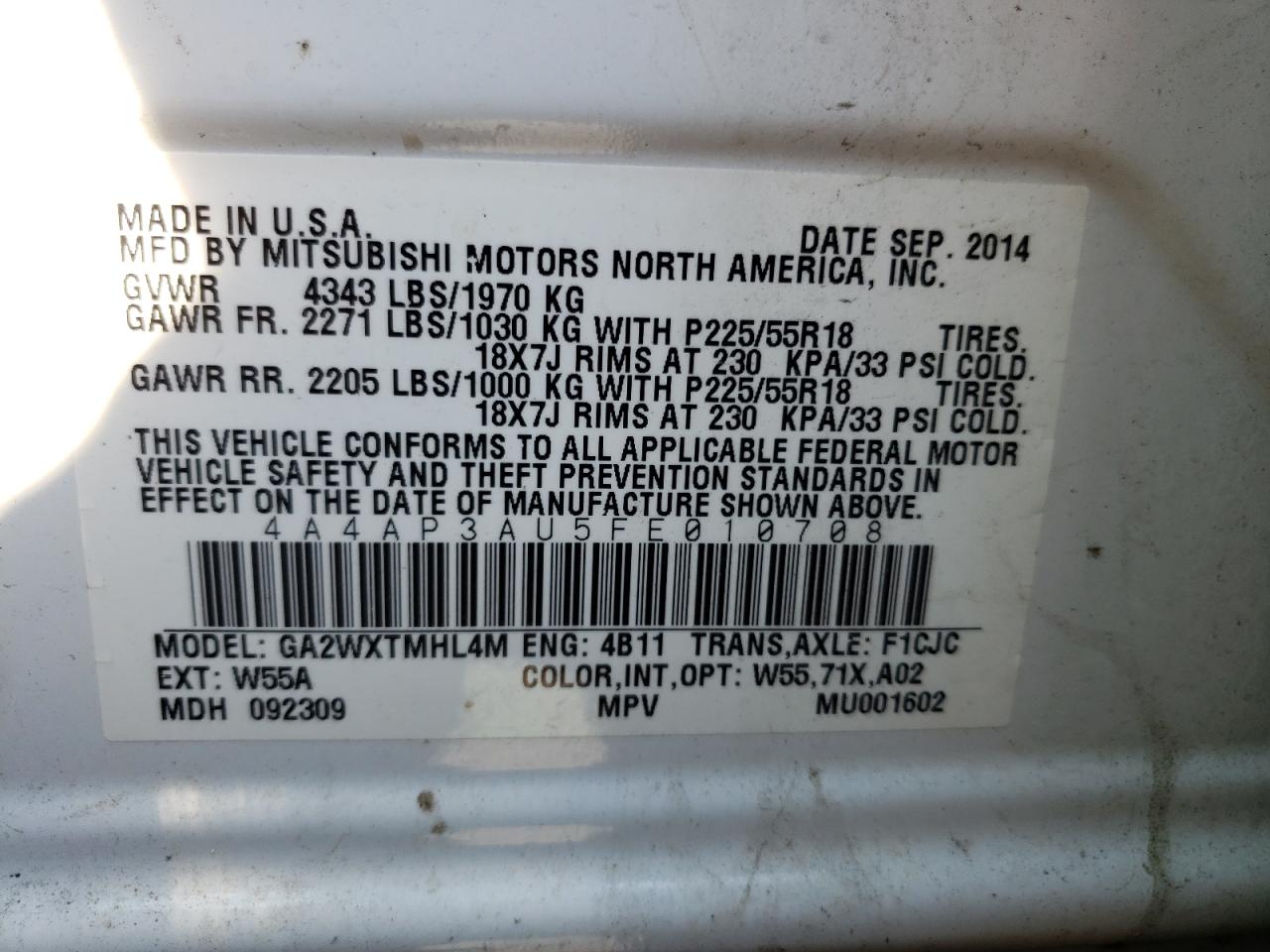 Photo 10 from auction – 2015 MITSUBISHI OUTLANDER with VIN 4A4AP3AU5FE010708