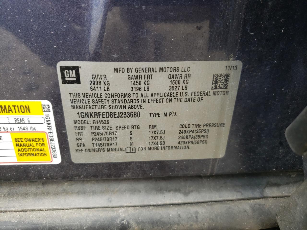 Photo 10 from auction – 2014 CHEVROLET TRAVERSE L with VIN 1GNKRFED8EJ233680