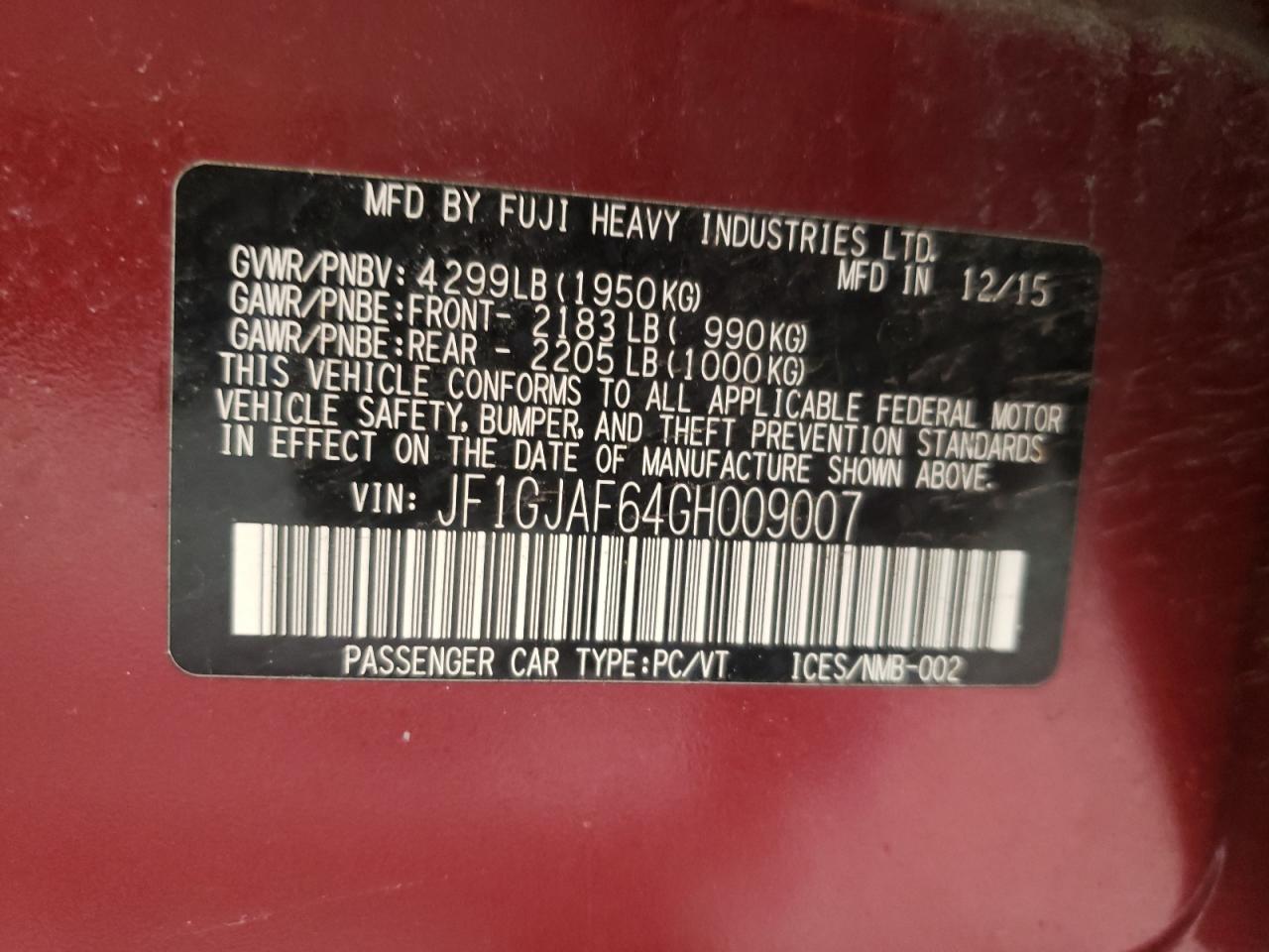 Photo 10 from auction – 2016 SUBARU IMPREZA PR with VIN JF1GJAF64GH009007