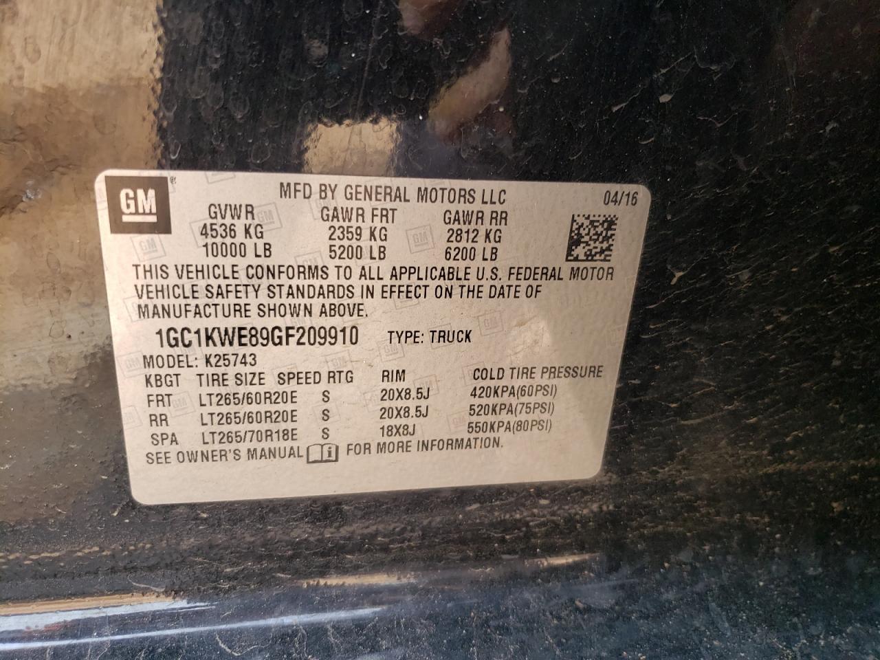 Photo 10 from auction – 2016 CHEVROLET SILVERADO with VIN 1GC1KWE89GF209910