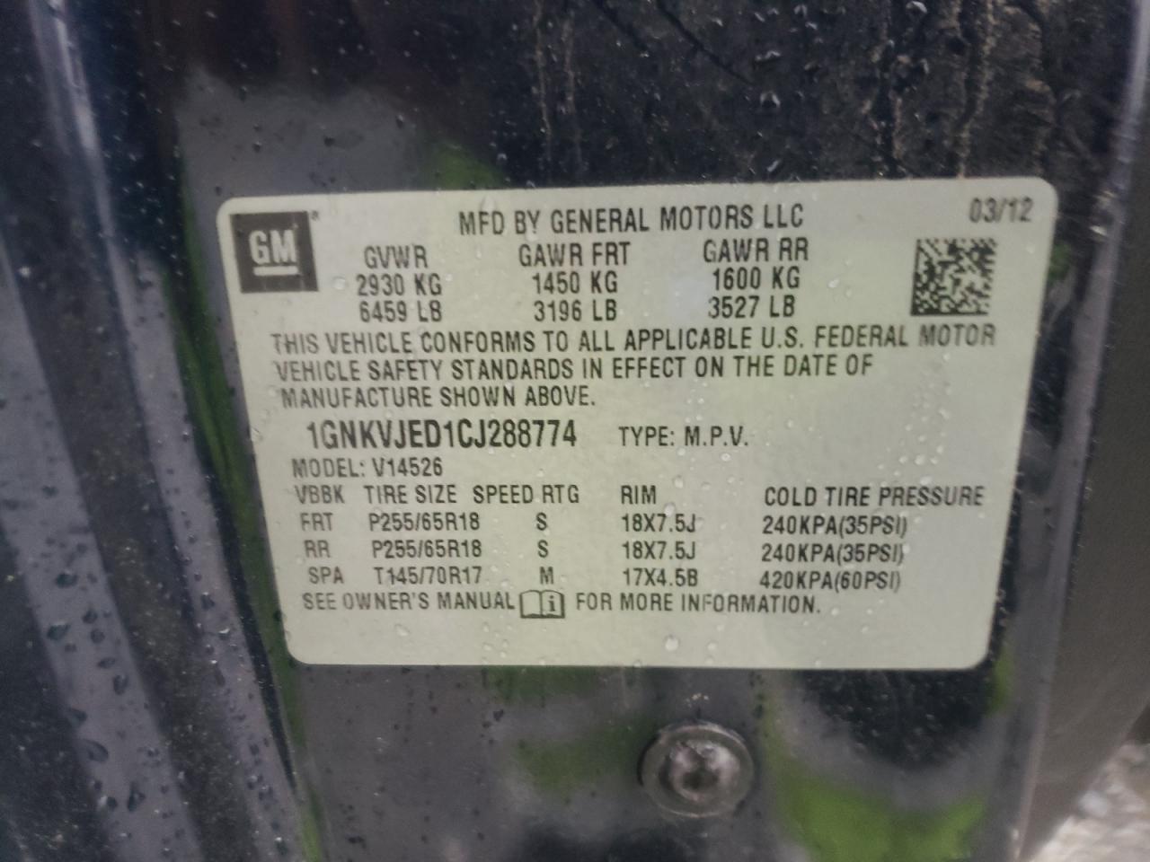 Photo 10 from auction – 2012 CHEVROLET TRAVERSE L with VIN 1GNKVJED1CJ288774
