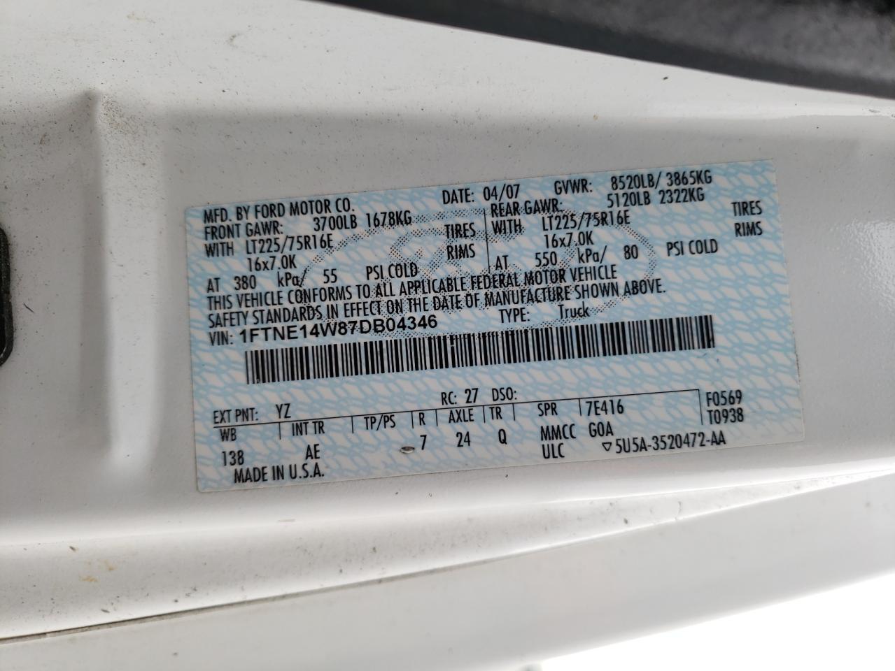 Photo 10 from auction – 2007 FORD ECONOLINE with VIN 1FTNE14W87DB04346