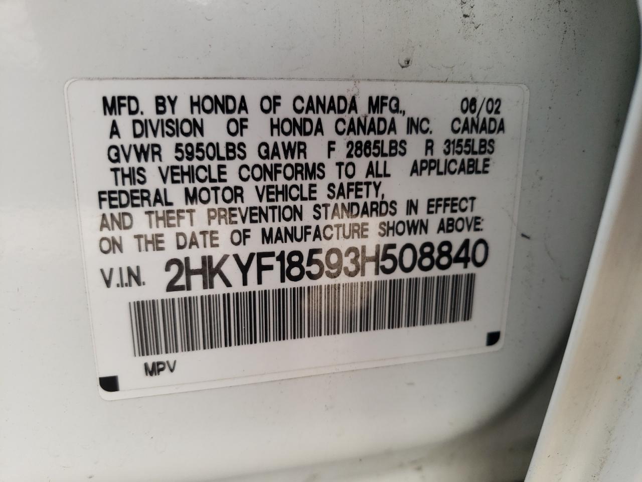 Photo 10 from auction – 2003 HONDA PILOT EXL with VIN 2HKYF18593H508840