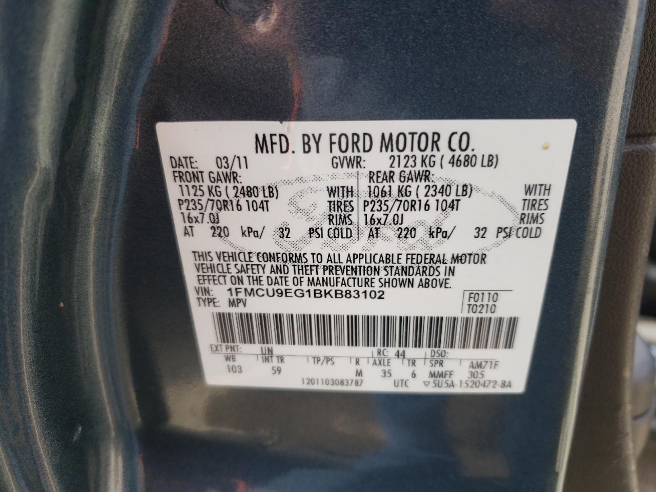 Photo 10 from auction – 2011 FORD ESCAPE LIM with VIN 1FMCU9EG1BKB83102