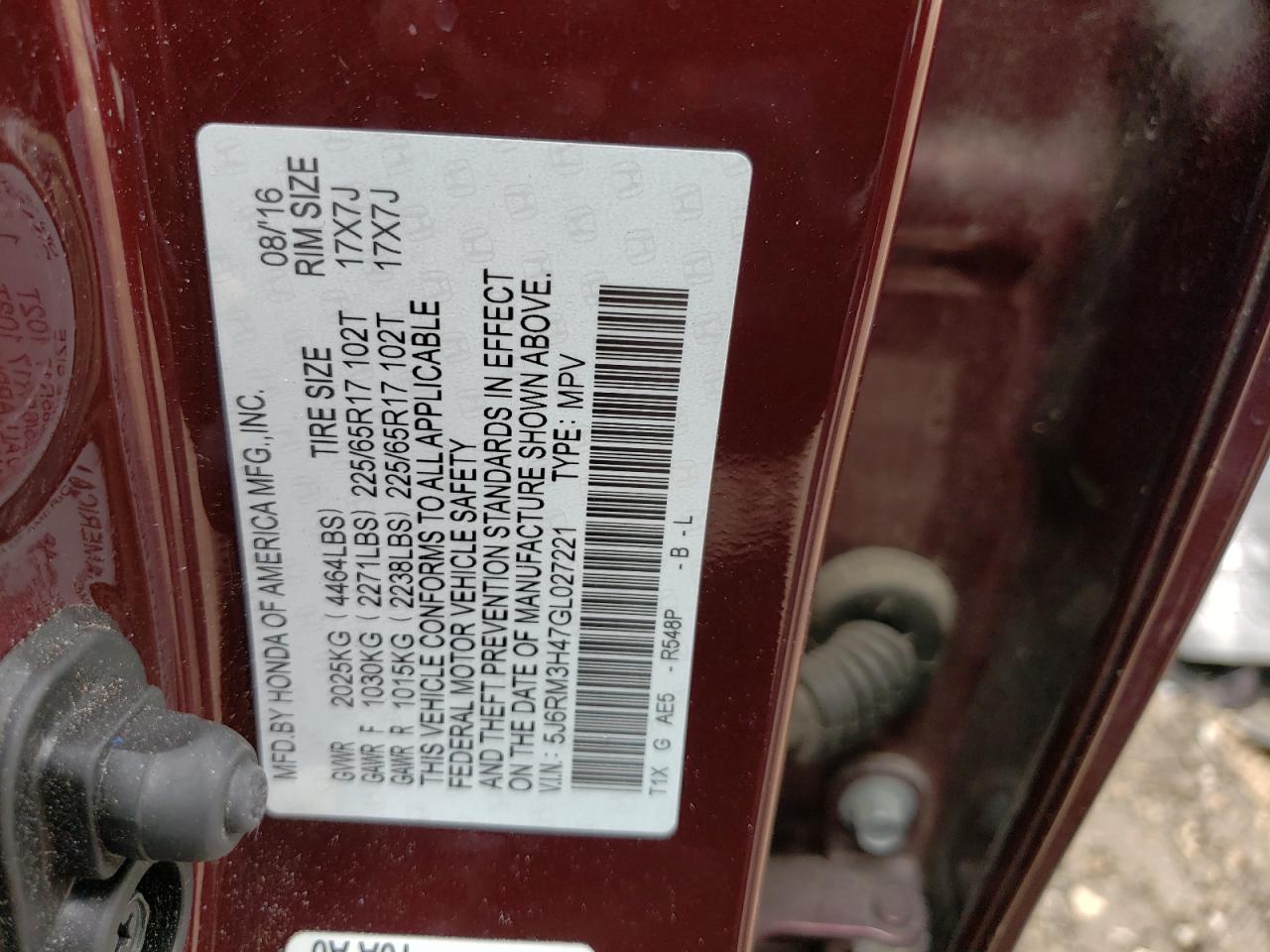 Photo 10 from auction – 2016 HONDA CR-V SE with VIN 5J6RM3H47GL027221