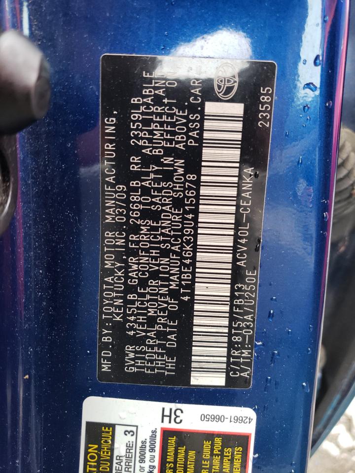 Photo 10 from auction – 2009 TOYOTA CAMRY BASE with VIN 4T1BE46K39U415678