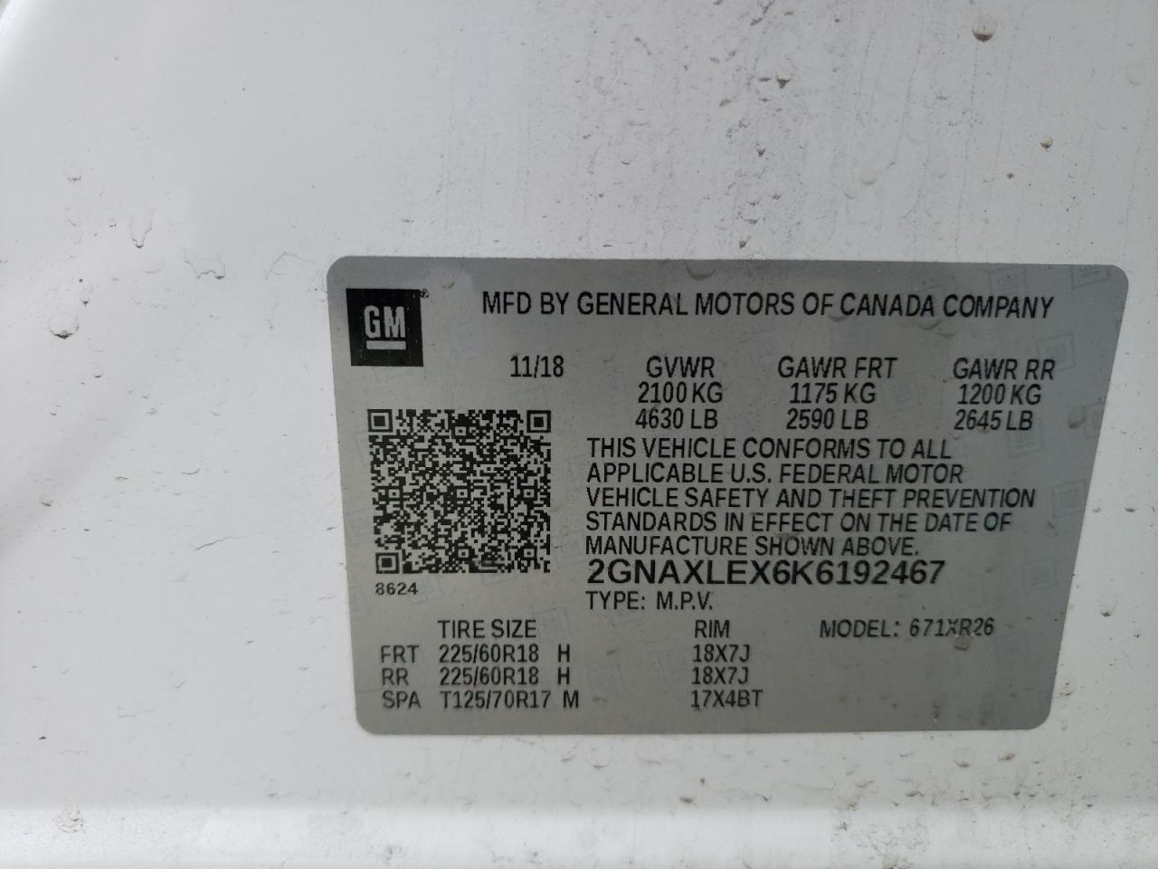 Photo 10 from auction – 2019 CHEVROLET EQUINOX LT with VIN 2GNAXLEX6K6192467