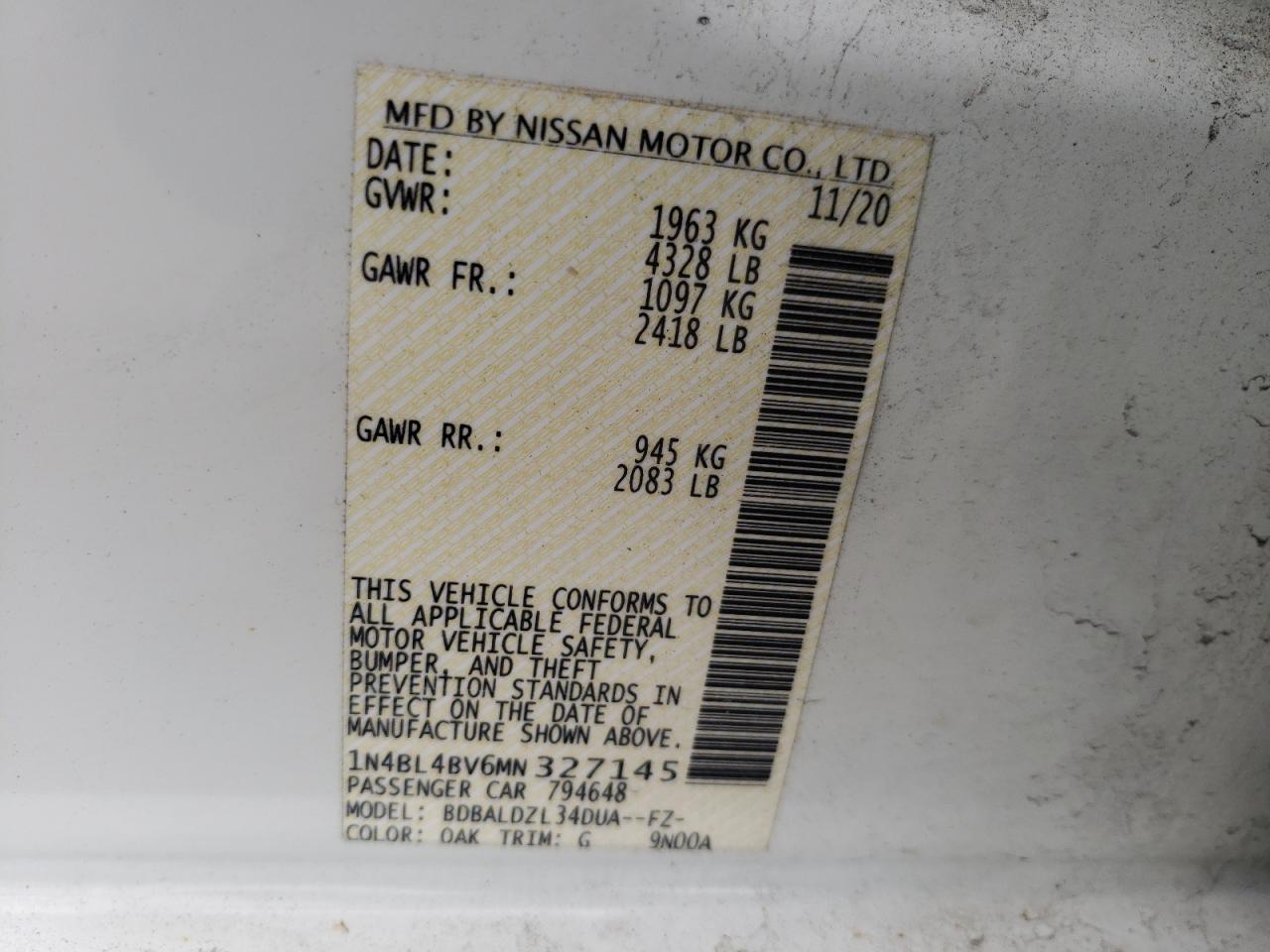 Photo 10 from auction – 2021 NISSAN ALTIMA S with VIN 1N4BL4BV6MN327145