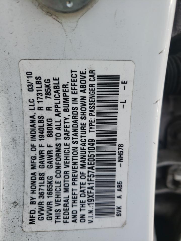 Photo 10 from auction – 2010 HONDA CIVIC LX with VIN 19XFA1F57AE051049