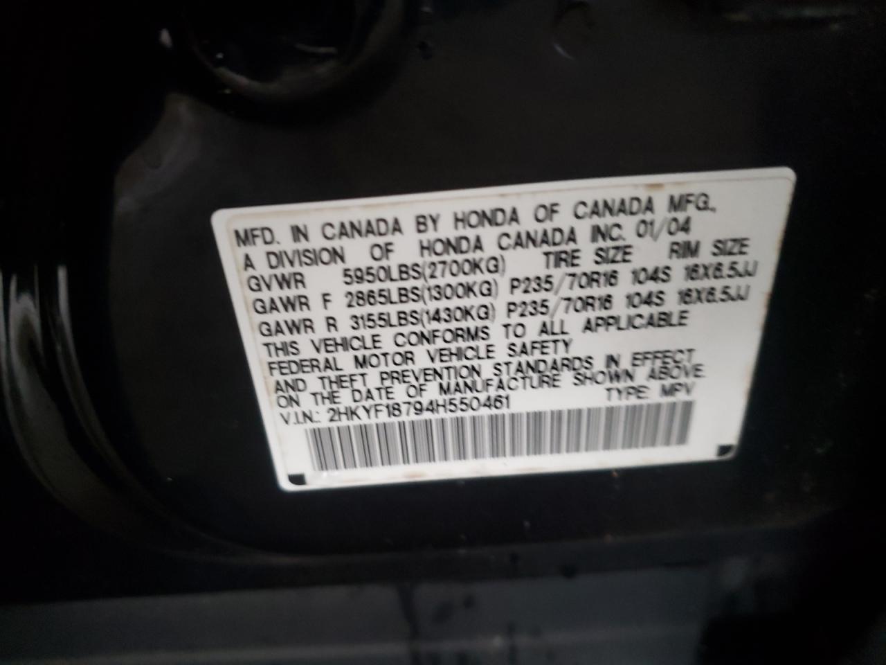 Photo 10 from auction – 2004 HONDA PILOT EXL with VIN 2HKYF18794H550461