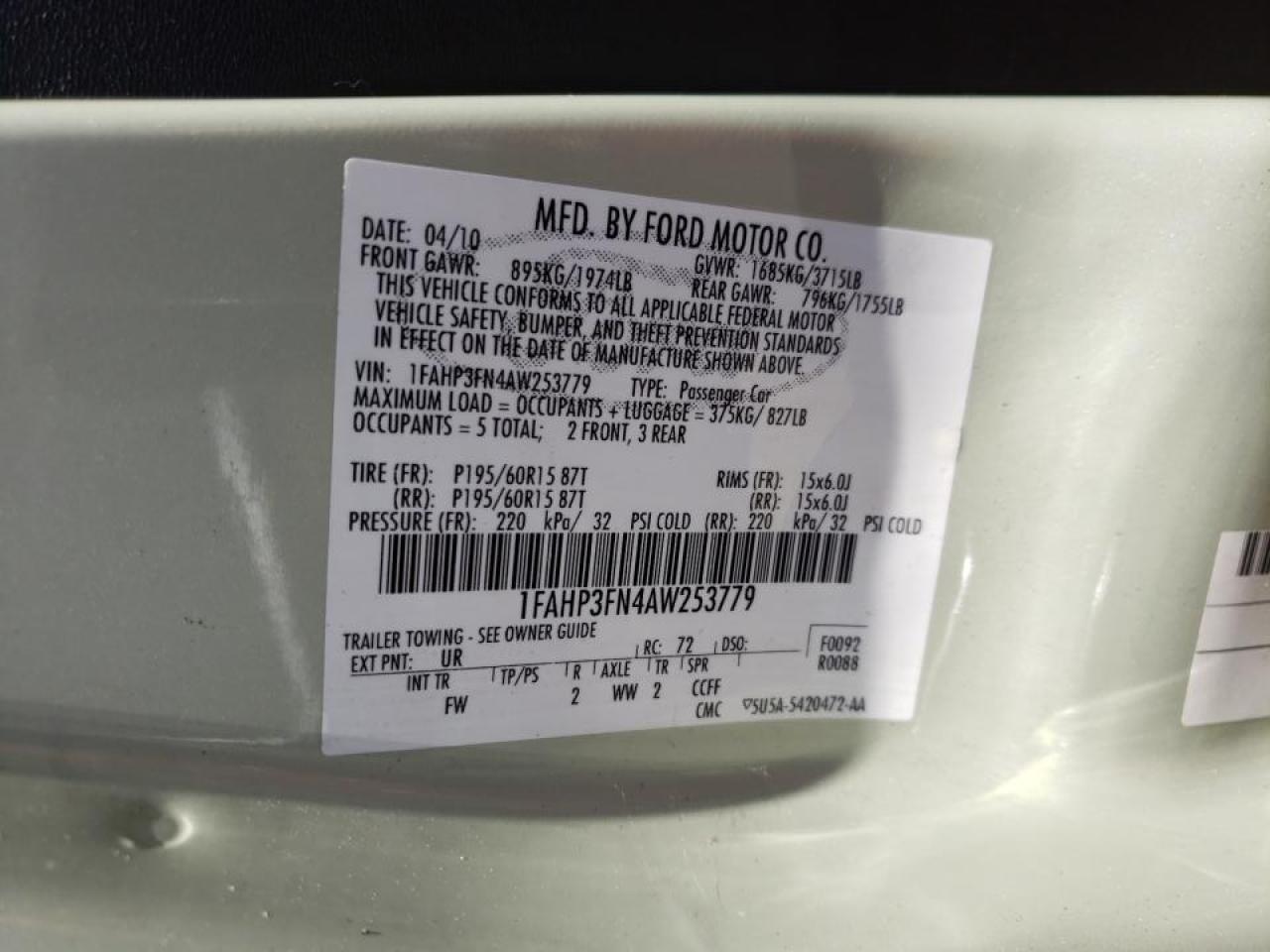 Photo 10 from auction – 2010 FORD FOCUS SE with VIN 1FAHP3FN4AW253779