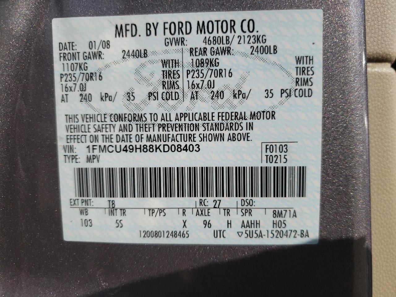 Photo 10 from auction – 2008 FORD ESCAPE HEV with VIN 1FMCU49H88KD08403