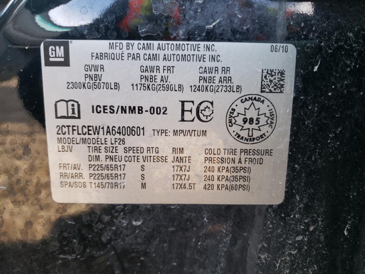 Photo 10 from auction – 2010 GMC TERRAIN SL with VIN 2CTFLCEW1A6400601