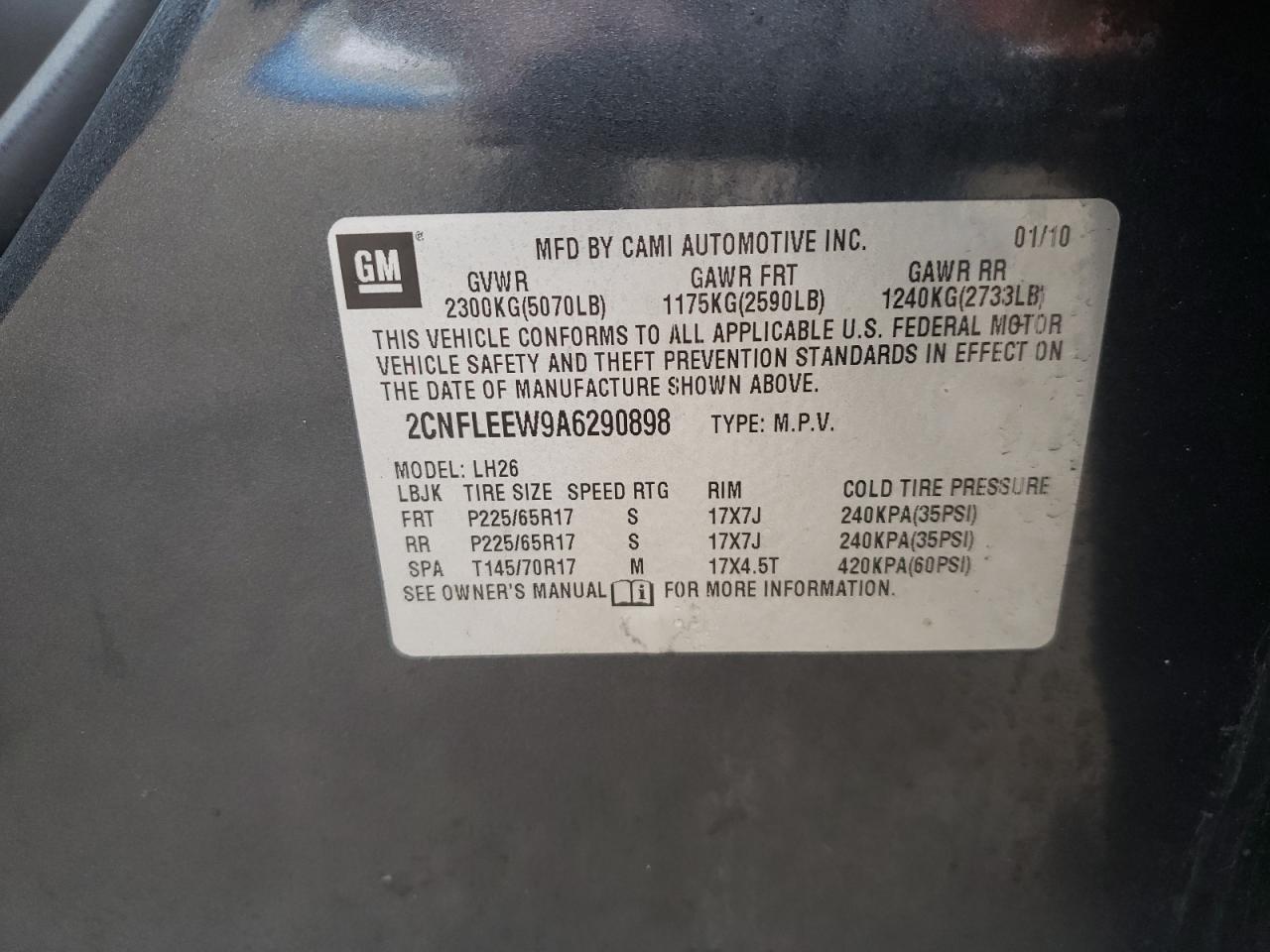 Photo 10 from auction – 2010 CHEVROLET EQUINOX LT with VIN 2CNFLEEW9A6290898